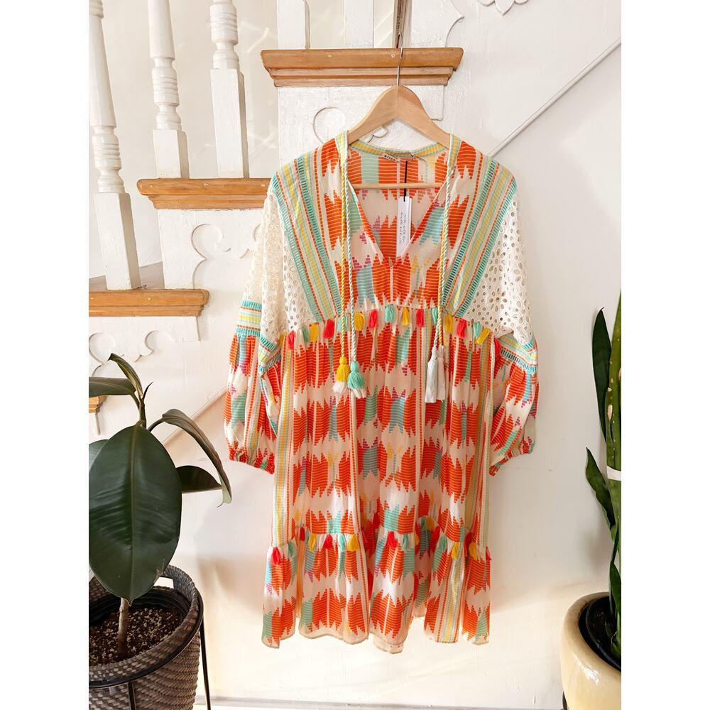 NWT Alice + Olivia Rosanne Embroidered Tunic Dress with Tassels in Ikat Print XS